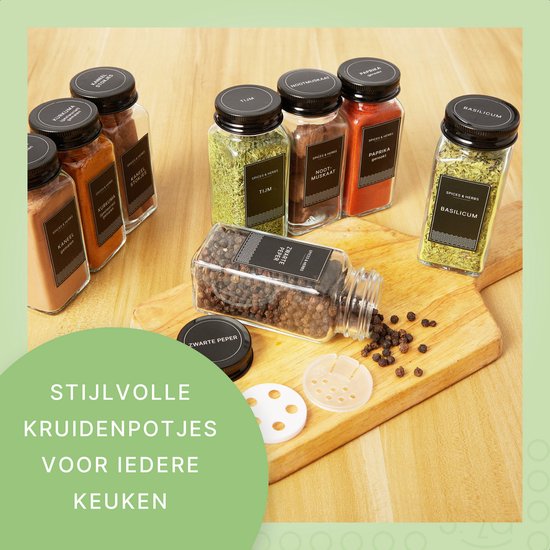 S.old - 36 pots à épices en verre carrés avec couvercle noir - Spice Spreader - Set complet avec couvercles à saupoudrer, autocollants préimprimés et entonnoir - Capacité 120 ml - 10,5 x 4,3 cm