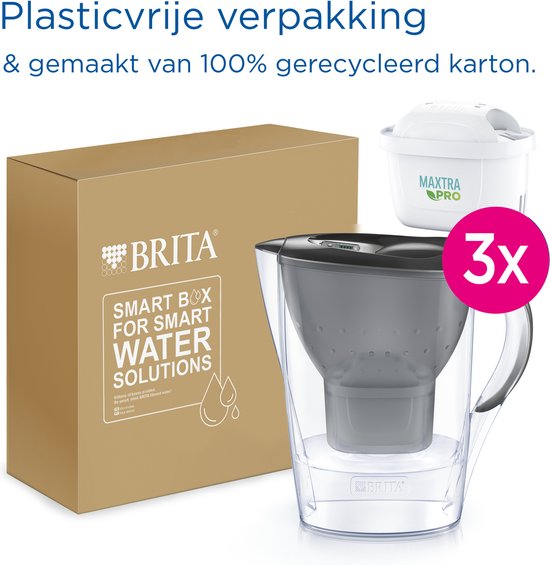 Carafe filtrante BRITA Marella Cool - 2,4 L - Grise - avec 3 cartouches filtrantes MAXTRA PRO Pure Performance - Lot économique