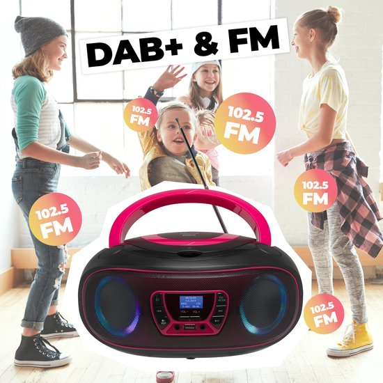 Denver Portable DAB Radio CD Player Kids - Bluetooth - Light Effects - Boombox - AUX - FM - TDB212PINK