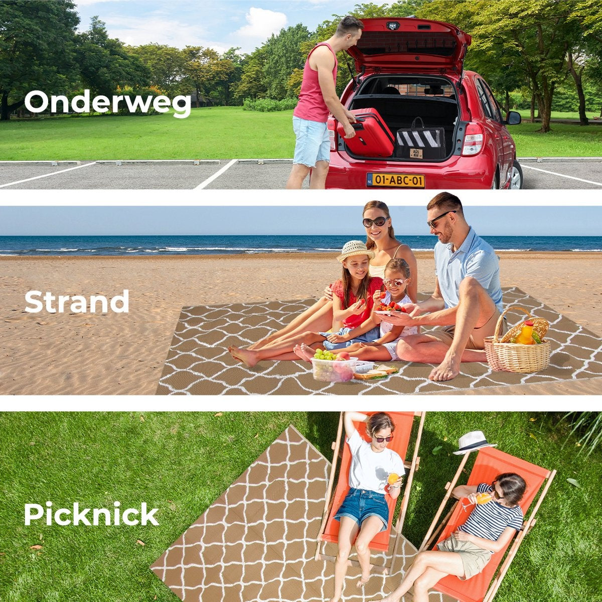 LifeGoods Tapis d'extérieur - 120x180CM - Tapis de jardin - Réversible - Sac de transport inclus - Avec motif - Beige/Blanc