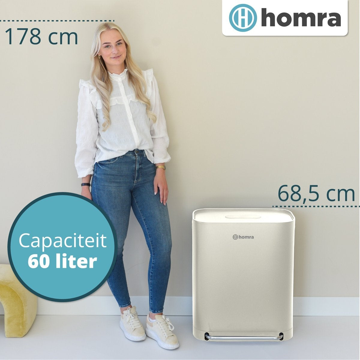 Poubelle Homra Rockx 60 Litres - Duo Poubelle à Pédale 2 x 30L avec Filtre à Odeurs - Poubelle de Tri en Inox à 2 Compartiments - Poubelle de Recyclage - Poubelle de Cuisine pour le Tri des Déchets - Double Poubelle Blanc Crème