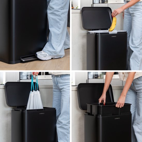 Deleca Trashcan Prestige - 50 Litres - Large - Poubelle / Corbeille à papier / Poubelle à pédale en acier inoxydable - Avec pédale et fermeture lente - Noir mat