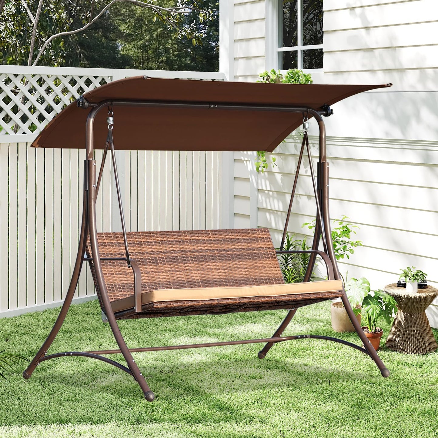 Angel Living - Balançoire Hollywood - Balançoire de jardin en rotin 3 places - Auvent réglable - Marron - 170 x 110 x 152 cm