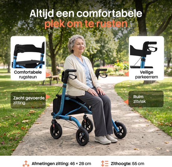 Rollator Brixy - Léger et pliable - Roues en caoutchouc à 360° - Siège intégré - Utilisation à l'intérieur et à l'extérieur - Dossier, sac et support pour canne - Bleu