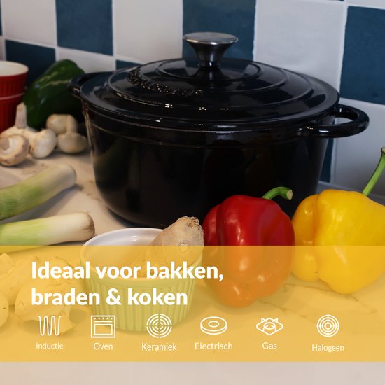 Casserole en fonte Chefarone 3,5 L - Sans PFAS - Avec couvercle - Compatible avec toutes les sources de chaleur - Émaillée noire