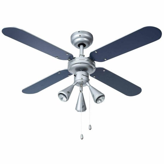 Bestron Ventilateur de plafond avec éclairage, 3 vitesses et très grande portée de Ø102cm, incl. fonction été/hiver, 3 x GU10 LED, 50Watt, DLHB42S, couleur : argent/bleu