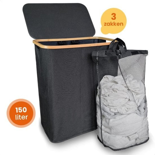 Goliving Trieur de linge 3 boîtes - 150L - Panier à linge pliable avec couvercle - 3 sacs amovibles avec étiquettes de couleur - 57 x 37 x 66 cm - Noir