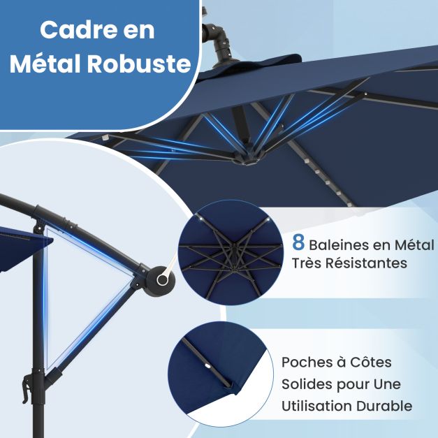 Ensemble de jardin 5 pièces avec parasol suspendu de 3 m et éclairage LED - Bleu/Gris