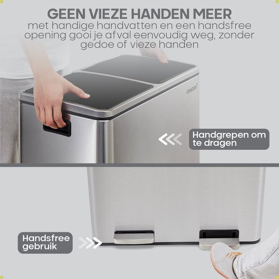 Poubelle O'DADDY® - Poubelle – Duo Bin – 60 litres – Fermeture douce – 58,6 x 32 x 65 cm – 2 seaux intérieurs / compartiments - Poubelle - Poubelle à pédale 60 L - Corbeille à papier - Poubelle - Poubelle pour le tri sélectif – 15 sacs poubelle inclus – A