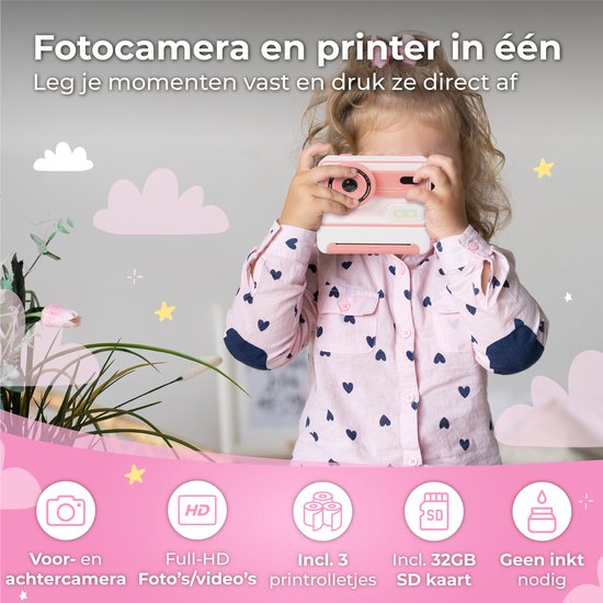 Nuvance - Caméra pour enfants - Caméra jouet pour enfants - avec carte SD de 32 Go - Photo et vidéo - Imprimante photo - Caméra numérique pour enfants - Caméras pour enfants - Rose