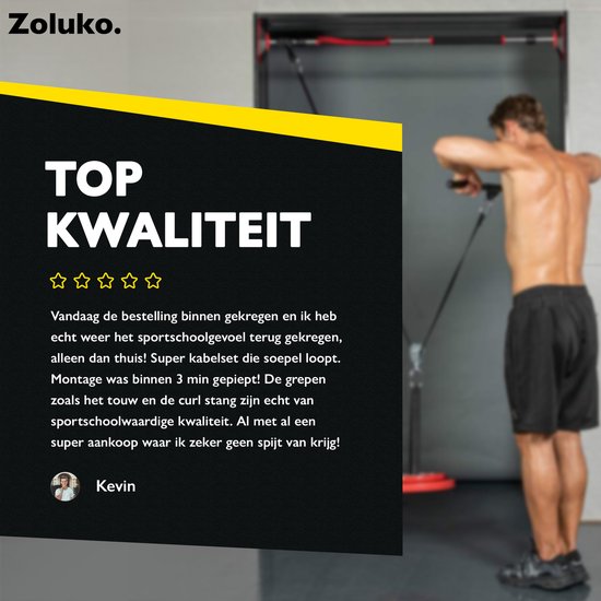 Zoluko Home Fitness Cable System 23-Piece Set - Incl. E-book - Station de musculation pour le sport à domicile - Incl. Triceps Rope, Biceps Rod and Handles - 100kg Carrying Capacity - Easy Attachment - Strength Training - Lat Pulley - Home Gym - Black/Sil