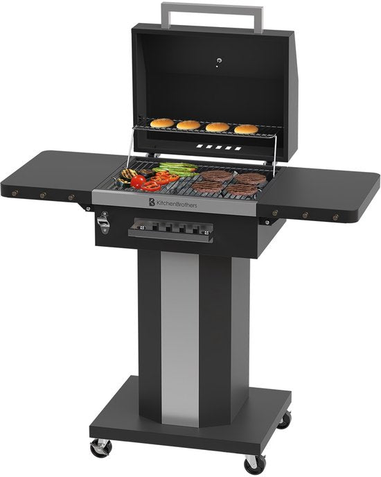 Barbecue au charbon de bois – KitchenBrothers – Barbecue Grill - Avec couvercle, grille de réchauffage & roulettes – 81 x 48 x 94 cm – Noir