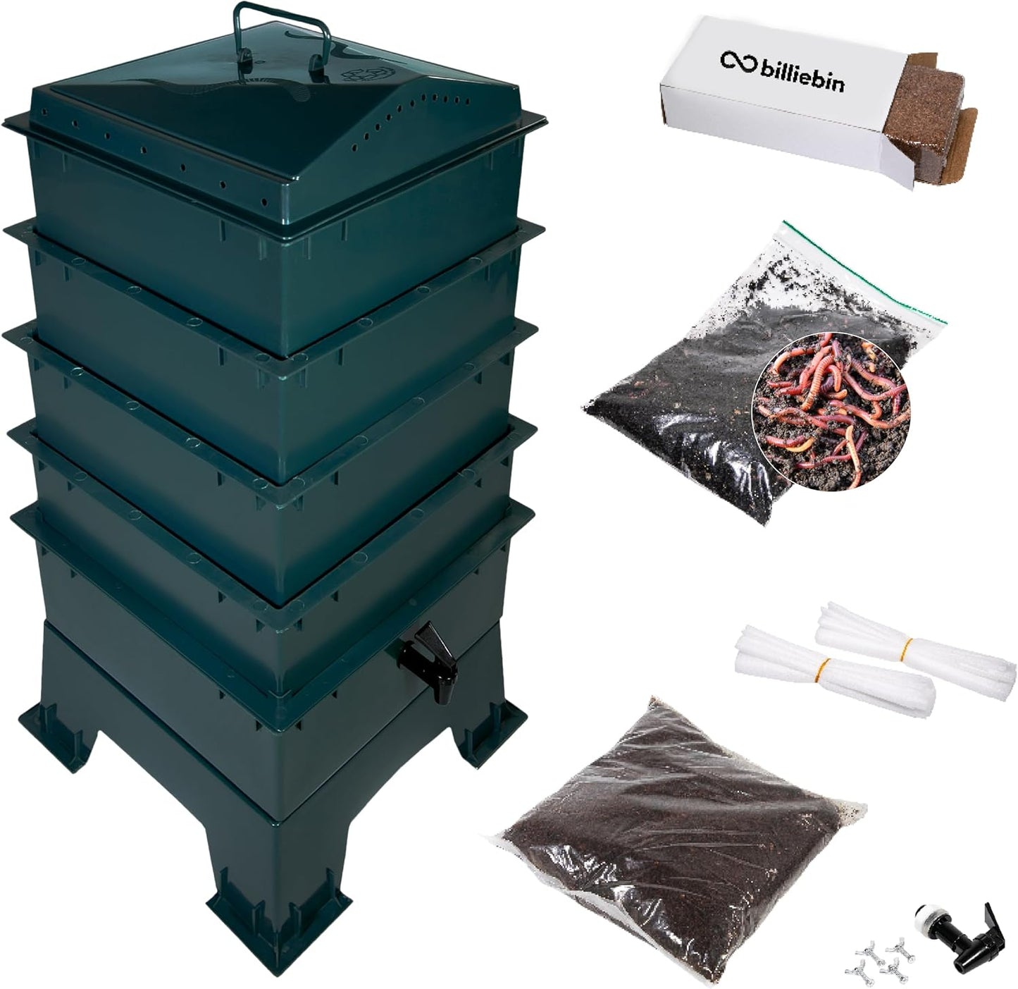 Composteur à vers Billiebin à 4 étages – Kit de démarrage avec vers de compost, bloc de fibre de coco et substrat – 40 x 40 x 80 cm – Vert