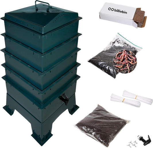 Composteur à vers Billiebin à 4 étages – Kit de démarrage avec vers de compost, bloc de fibre de coco et substrat – 40 x 40 x 80 cm – Vert