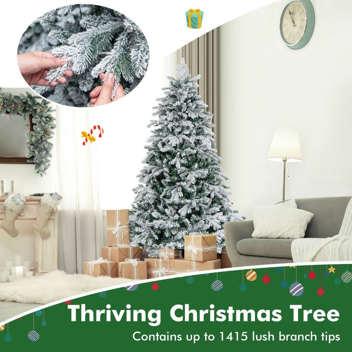Arbre de Noël artificiel de 180 cm Arbre de Noël floqué avec 1415 branches 260 lumières LED blanc chaud Arbre de Noël illuminé blanc + vert