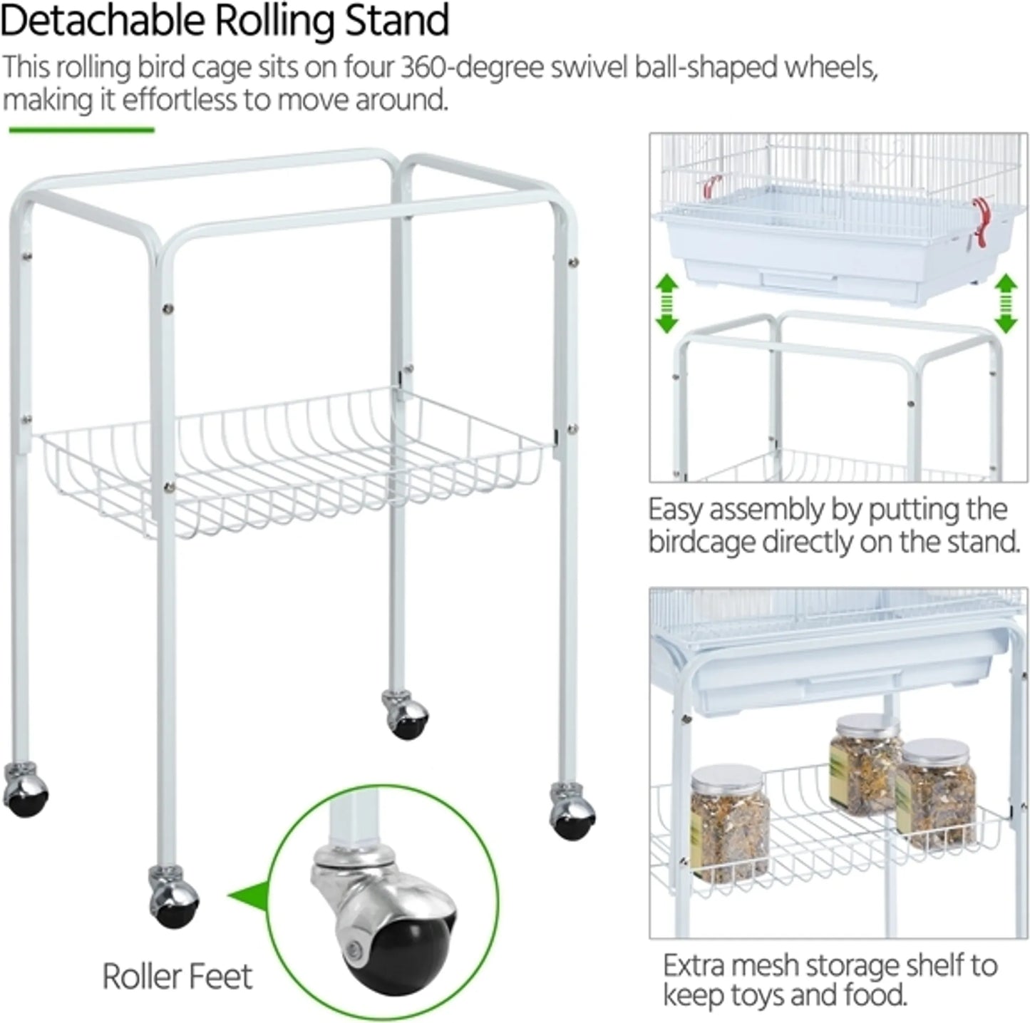 Yaheetech Cage à oiseaux avec base mobile - équipée de barreaux de 10 mm, d'un tiroir inférieur amovible et d'un ensemble de jouets - pour perruches et canaris - métal peint en blanc - 46 x 35,5 x 158,5 cm