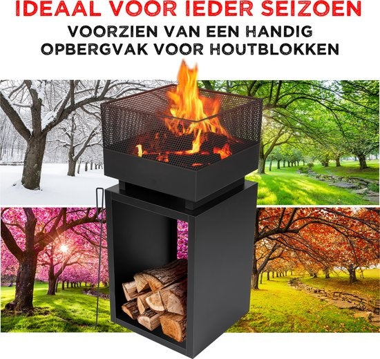 BBQ Collection Panier à feu avec pare-étincelles - Cheminée de jardin 39 x 39 x 85 cm - Cheminée d'extérieur avec piquet et rangement pour le bois de chauffage - Poêle à bois pour le jardin et la terrasse - Poêle à bois d'extérieur - Acier au carbone