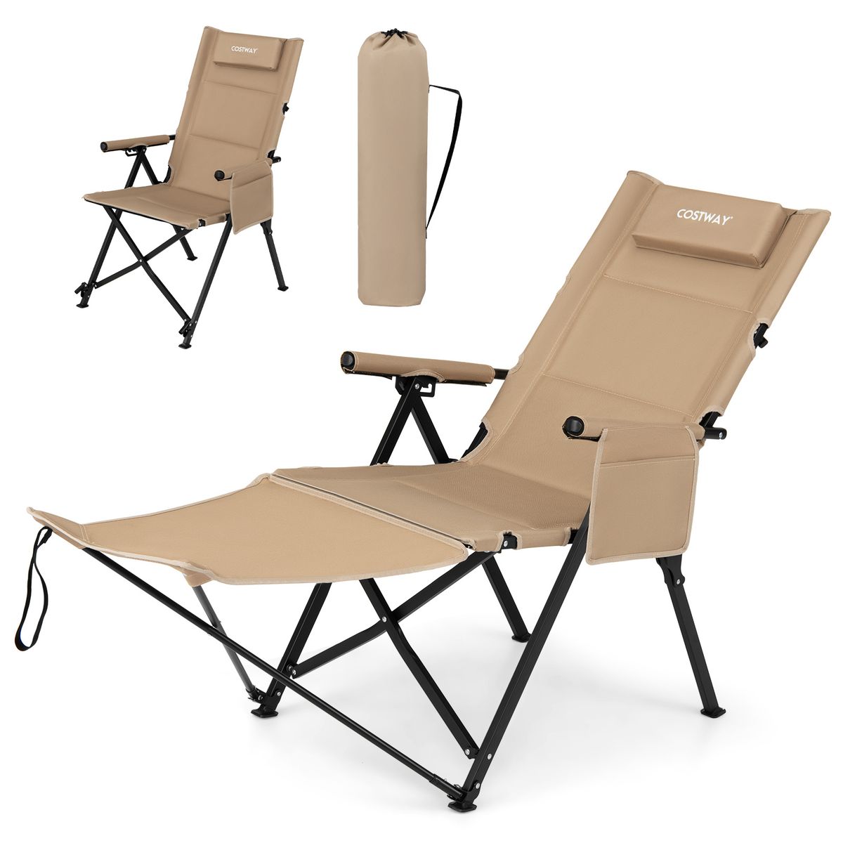 Chaise de camping pliable Coast avec repose-pieds - dossier réglable sur 4 positions - poche latérale et coussin - kaki