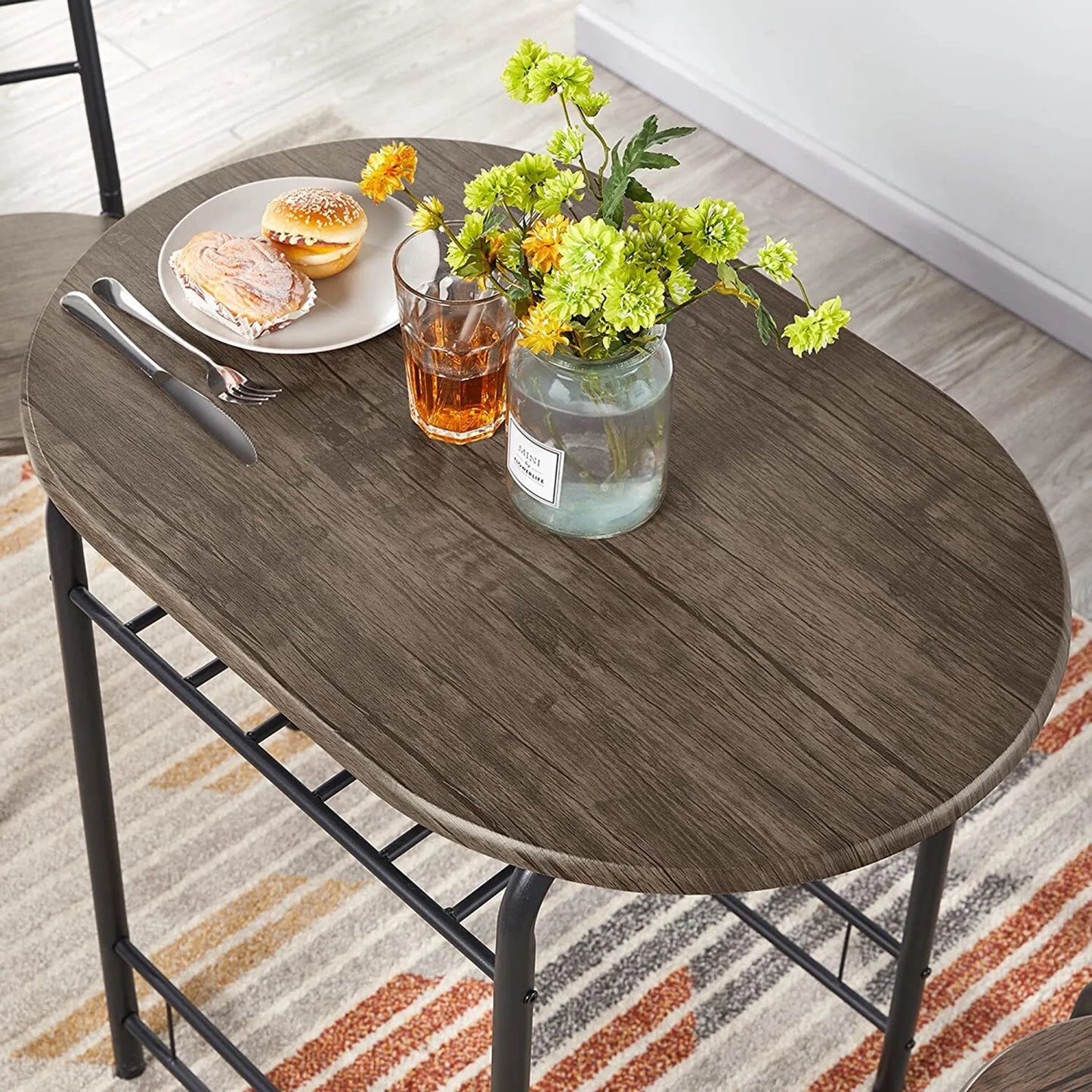 Yaheetech Dining Set Of 3 - Comprend une table avec 2 chaises, une étagère de rangement réglable et un revêtement hydrofuge - Pour la cuisine et la salle à manger - Driftwood Brown Metal and MDF - 80 x 53 x 73.5 cm