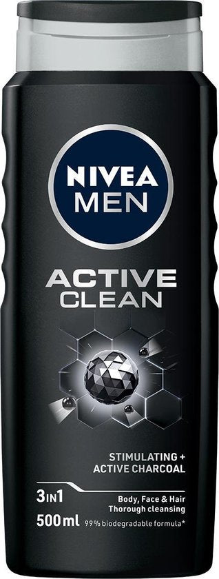 NIVEA MEN Active Clean Shower Gel - Gel douche 3-en-1 avec charbon naturellement actif - Shampooing - Prepack - 6 x 500 ml