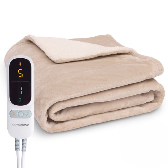 Couverture chauffante Seranova 3XL - Fils chauffants supplémentaires - Modèle Premium - 200 x 180 cm - Couverture chauffante pour 2 personnes - Polaire Sherpa double face - Beige