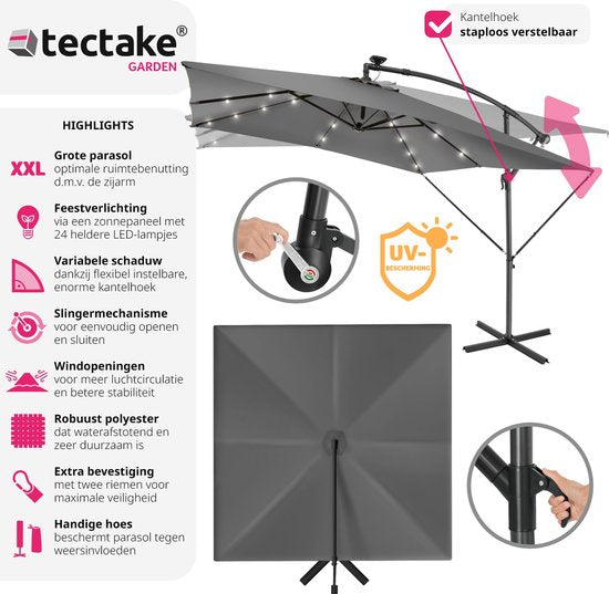 tectake® Parasol rectangulaire - Avec éclairage solaire LED - Housse de protection incluse - Parasol flottant - Protection solaire terrasse, jardin - Parasol de balcon - Grand parasol - 250x300cm - Gris