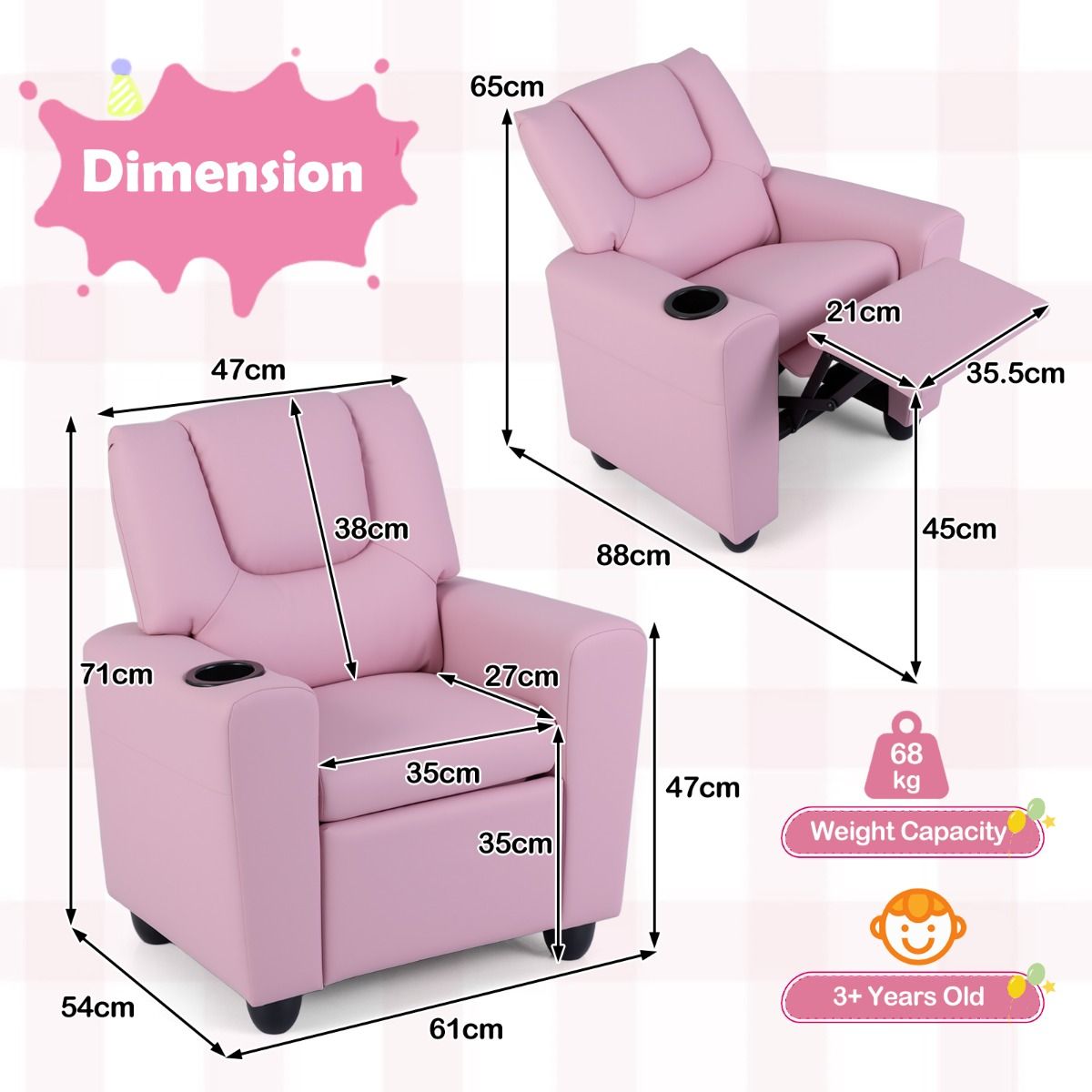 Fauteuil pour enfant Coast avec fonction relax - dossier et repose-pieds réglables - porte-gobelet - rose