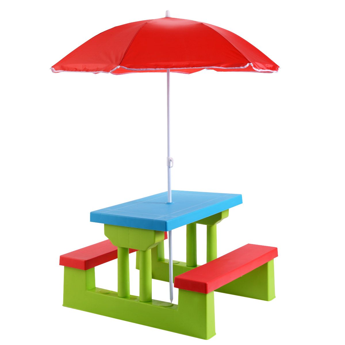 Coast Table de pique-nique pour enfants - Avec parasol - 2 bancs - Max. 50 kg - 67 x 41 x 47 cm - Rouge / Bleu / Vert