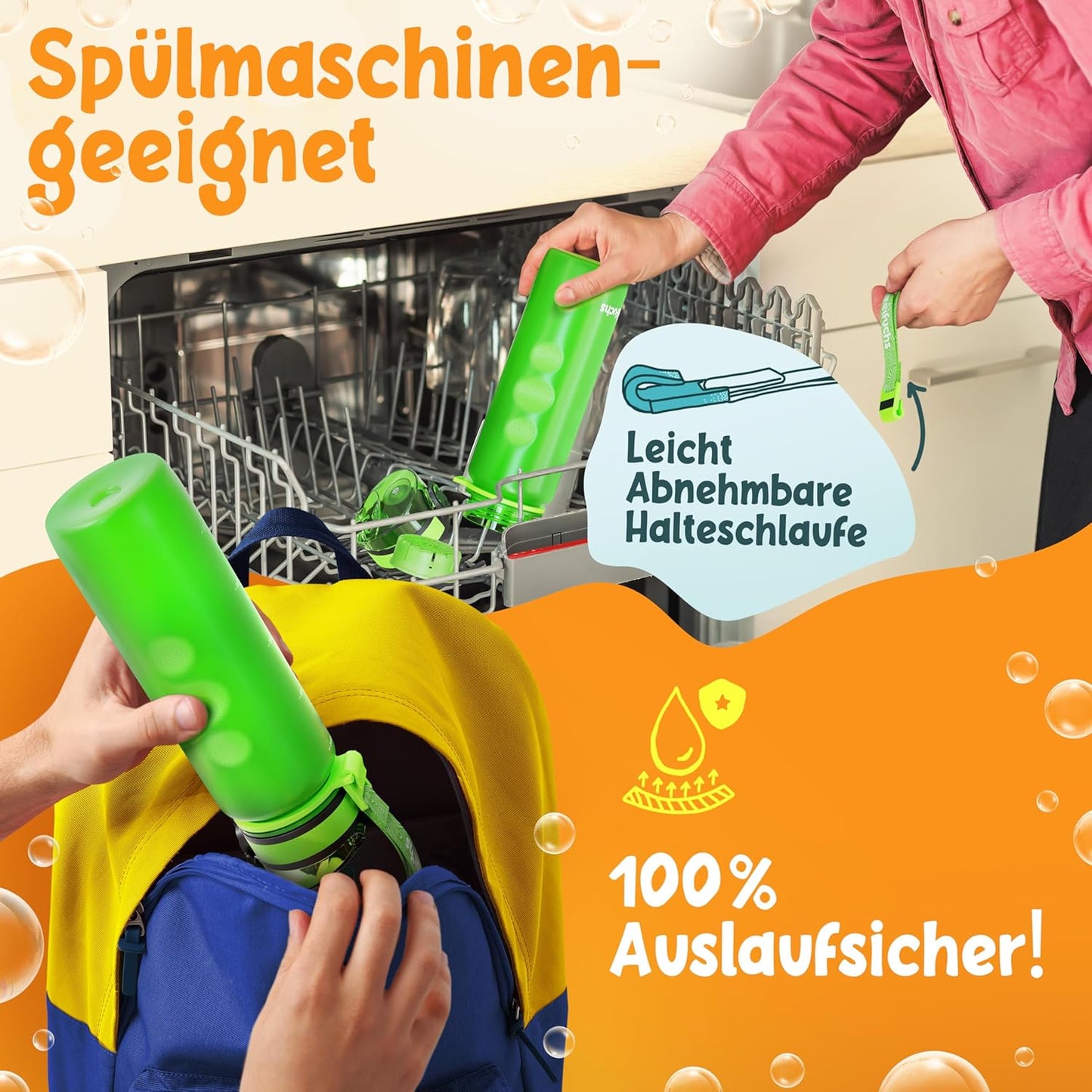 Funkelfuchs® - Bouteille pour enfants - 500ml, verte - gazeuse - 100% étanche - bouteille d'eau lavable au lave-vaisselle - pour le jardin d'enfants, l'école, le sport