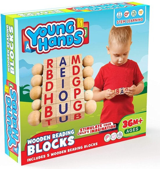 Creative Kids - Blocs de lecture en bois - Lot de 5 blocs alphabétiques rotatifs - Poignées faciles à saisir - Activités d'apprentissage pour la maternelle et le préscolaire - Travail des lettres - Jouets Montessori en bois - Cadeaux pour enfants et jeune