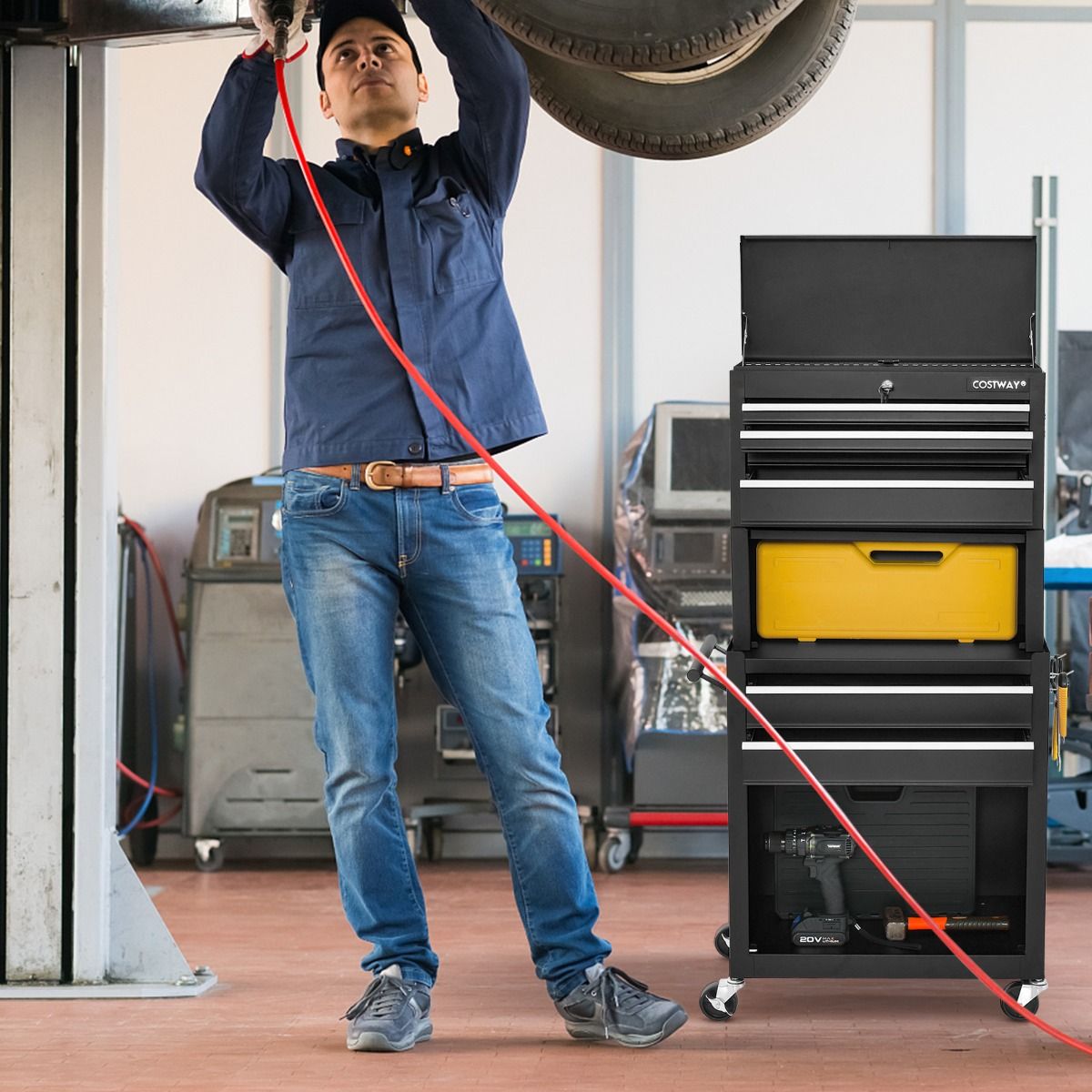 Coast - Chariot d'atelier Armoire à outils - 2-en-1, 6 tiroirs, verrouillable, capacité 83 kg - 61,5 x 33 x 132 cm - métal/acier - noir