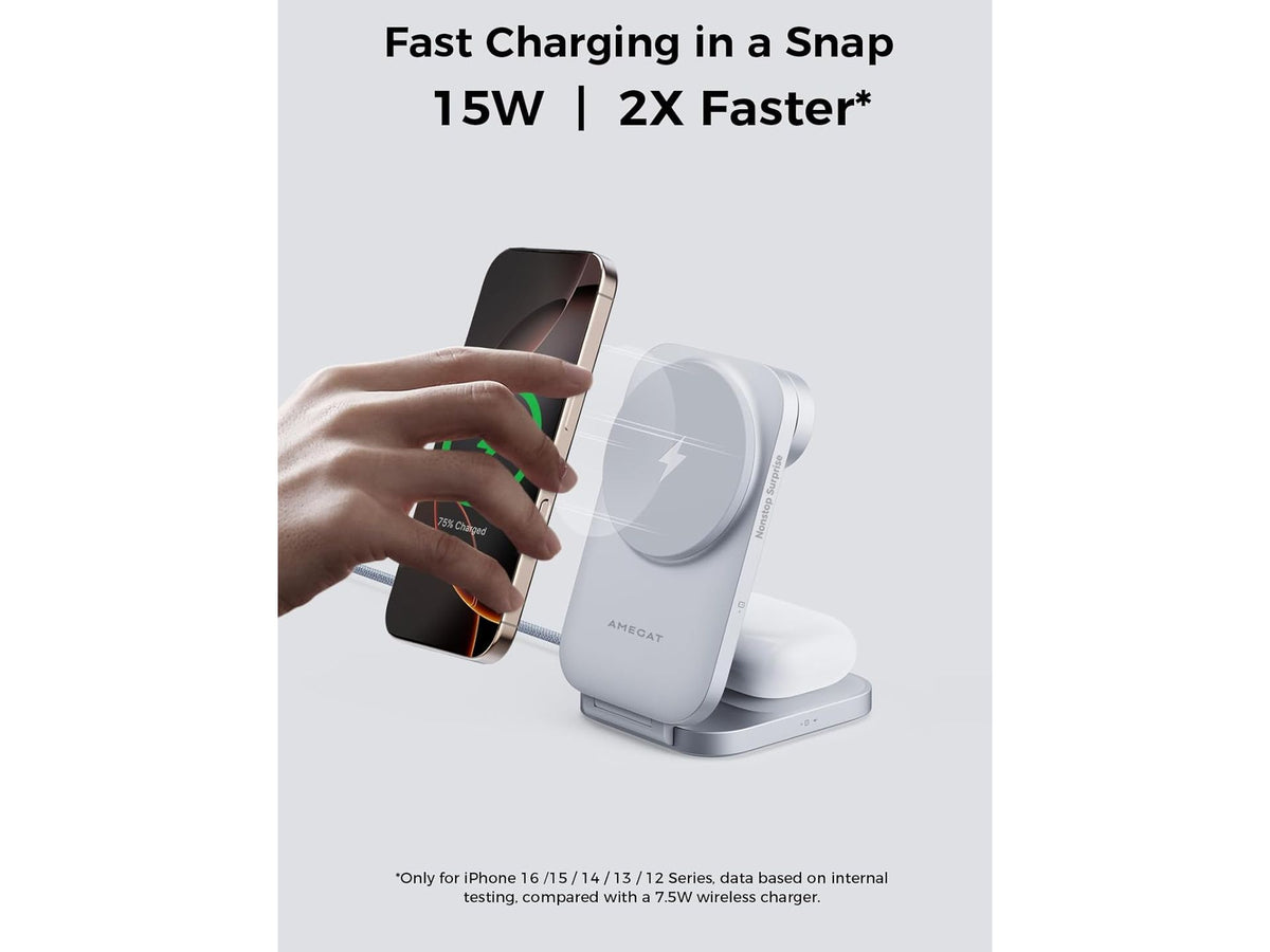 Station de recharge AMEGAT 3-en-1 MagFusion Z - Qi2 - 15 W - MagSafe - Pliable - Adaptateur 30 W inclus