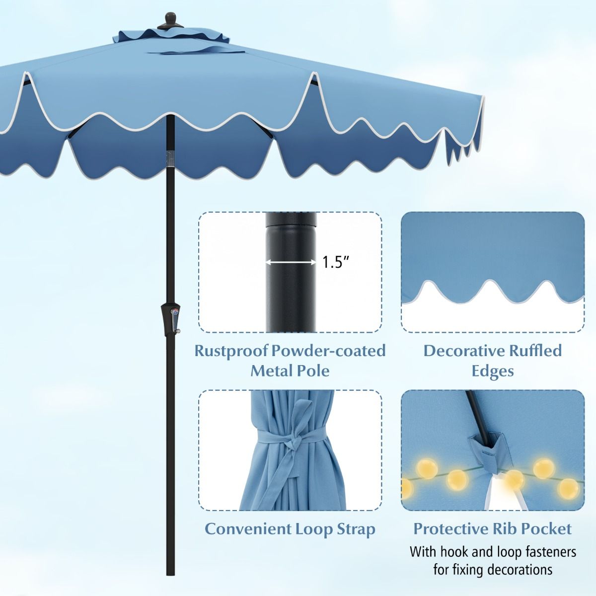 Coast Parasol 270 cm Navy Blue - Parasol de jardin avec manivelle, Volant et inclinaison de 25° Parasol de terrasse avec 8 côtes