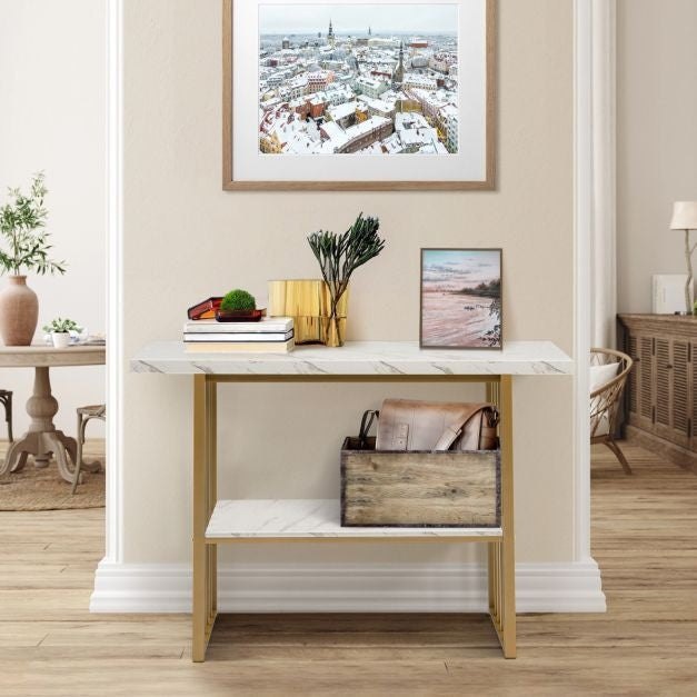 Coast - Table console / Table d'appoint - aspect marbre et design moderne - L 120 x l 29,5 x H 92,5 cm - Métal/MDF - Or/Blanc