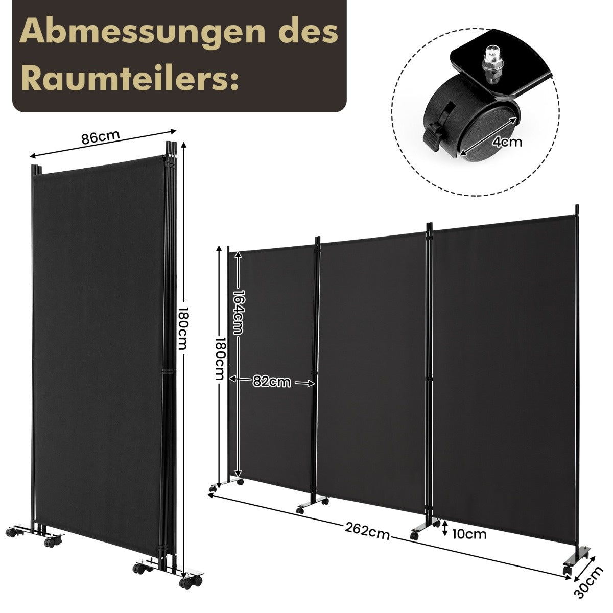 Coast 180 cm séparateur d'espace sur roues pliable paravent avec 3 panneaux librement combinés noir