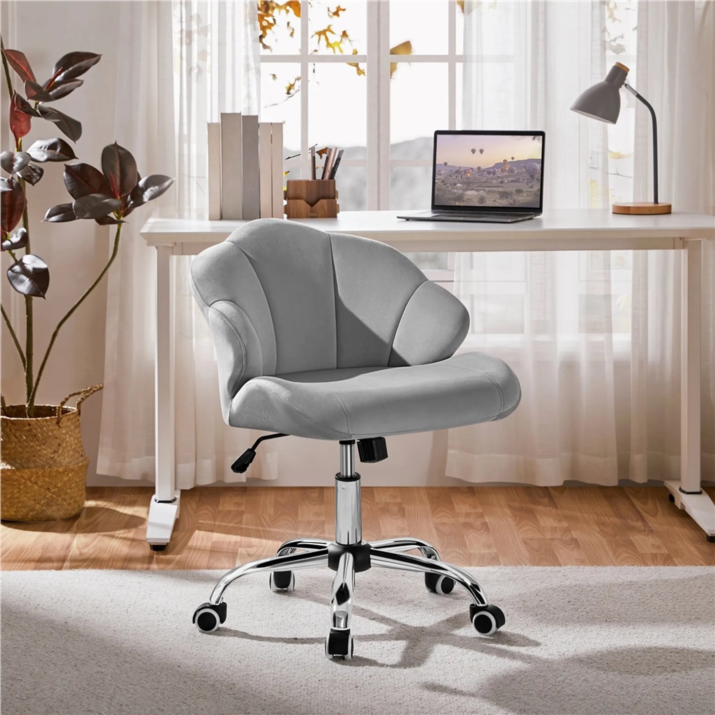 Yaheetech Chaise de bureau en forme de coquillage - avec fonction pivotante, hauteur réglable par vérin à gaz et dossier rembourré - pour le bureau à domicile et la chambre à coucher - polyester blanc et métal - 60 x 60 x 76,5-86 cm