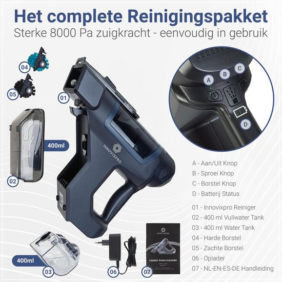 Innovixpro® Carpet Cleaner - Stain Cleaner - Powerful - Sofa Cleaner - Cleaning Machine - Spray Function - 2 Attachments - 45 Minutes Battery Life - Cordless Stain Remover ! - Noir
