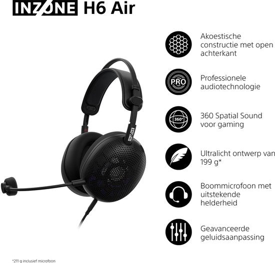 Casque Sony INZONE H6 Air filaire à arceau pour jeux vidéo, noir