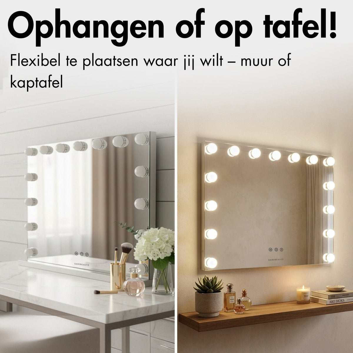 Sansbeauté® Hollywood Mirror 58x43 cm - Miroir de maquillage - 15 lampes LED - grossissement 10x - dimmable - port de charge USB - Touch Control - noir