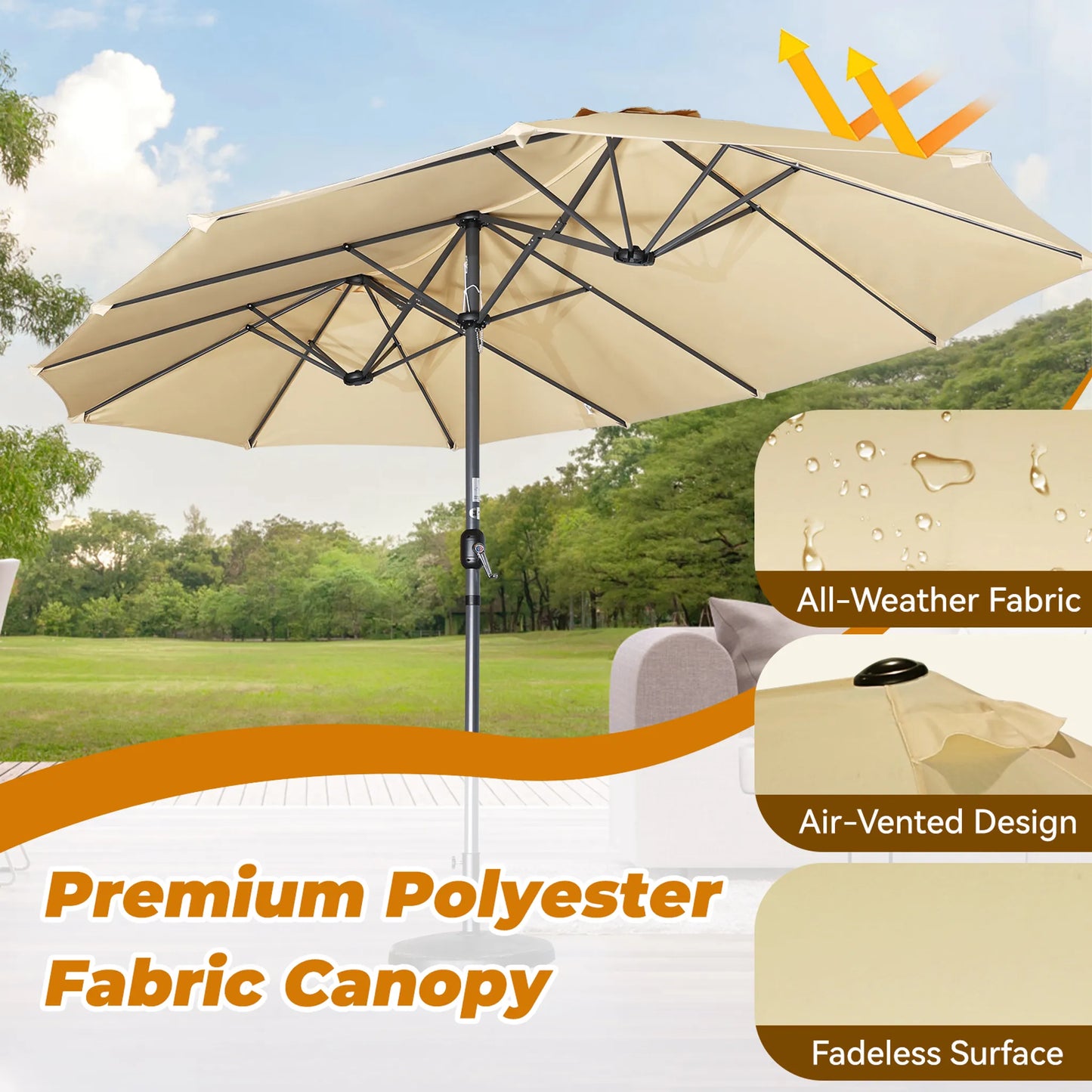 Parasol double Angel Living - 460 x 270 cm - avec manivelle - UPF 50+ - beige