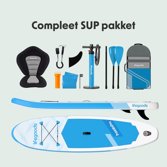 LifeGoods SUP Board All-round Compact - Avec siège - Capacité de charge 100 KG - 300 x 76 cm - Gonflable - Ensemble complet de SUP - Bleu ciel
