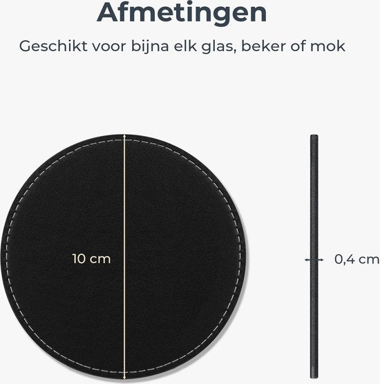 Castagnola Sous-verres en cuir synthétique - Sous-verres pour verres - Sous-verres design avec support - Sous-verres en cuir - Cuir - Lot de 6 - Noir avec surpiqûres