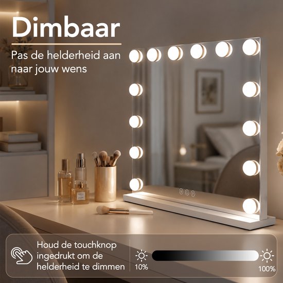 Miroir Lumirex Hollywood 58 x 46 cm - Miroir de maquillage éclairé - 15 LED - Intensité réglable - 3 couleurs de lumière - Commande tactile - Alimentation secteur - Miroir de maquillage - Blanc