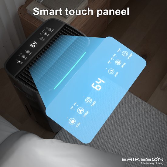 Déshumidificateur Dry Pro Plus d'Erikssøn - Déshumidifie jusqu'à 20 litres par jour - Fonction Lavage-Séchage - Convient pour la maison, la chambre, la salle de bain, le salon et le sous-sol - Déshumidificateur - Noir