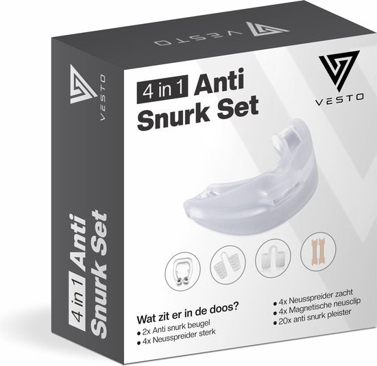 Vesto® Snore Set - 2x Anti Snore Brace - 20x Nose Plaster - 8x Nose Spreader - 4x Magnetic Nose Clip - Complete Set - Anti Snore Brace Pro - Anti Snore remedies
