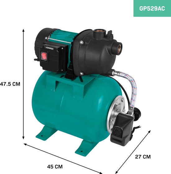 VONROC Pompe hydrophore / Kit hydrophore avec pressostat - 800W - 3300l/h - Réservoir 19L - Corps de pompe en plastique