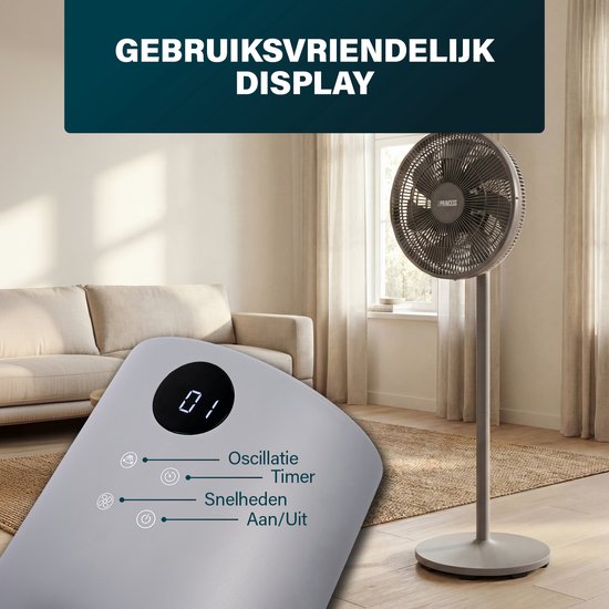 Ventilateur sur pied Princess DC – Ultra silencieux - ⌀44 cm – 12 vitesses – Oscillation – Minuterie 1 à 8 heures – Avec télécommande – 30 W – Gris - 354822