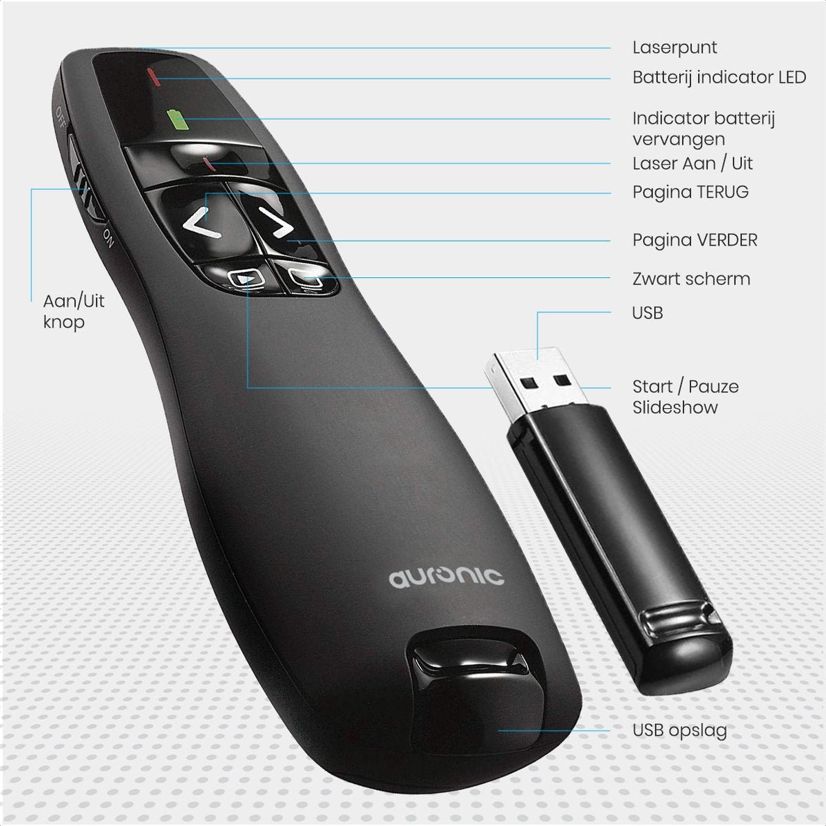 Auronic Presenter - Sans fil - Pointeur laser - Clicker de présentation - 20 mètres - avec étui - noir