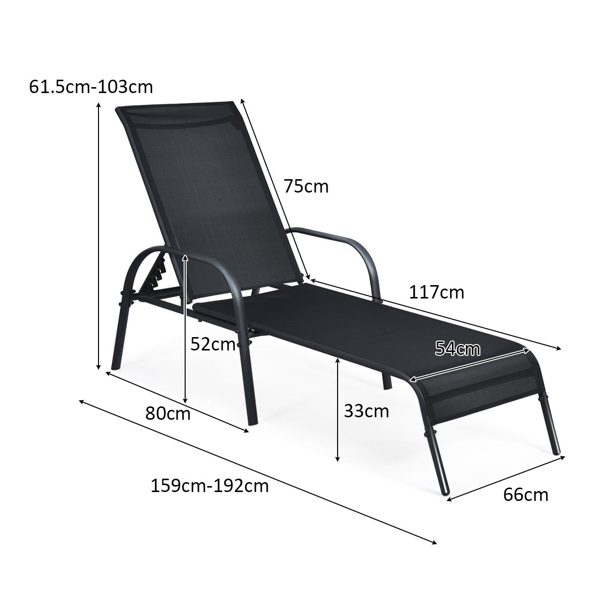 Chaise longue réglable Coast - jusqu'à 160 kg - 5 supports - 192 x 66 x 61 cm - noir