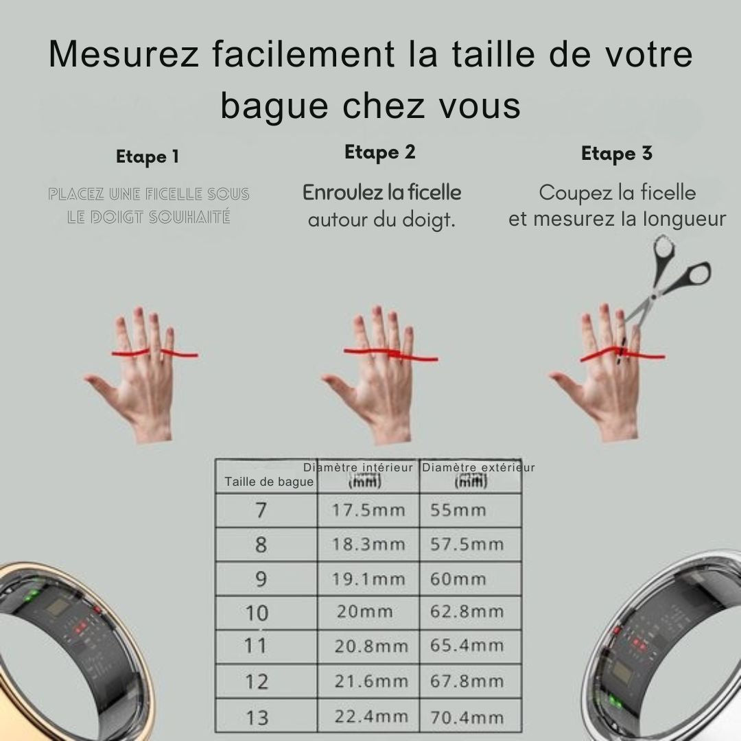 Bague connectée - Smart Ring Focus® S1 - Taille 9 - Fréquence cardiaque - Cycle menstruel - Moniteur de sommeil - Performance sportive - Podomètre - Etanche à l'IP68 - Mesure de l'O2 - Femmes - Hommes - Etui de recharge - Or